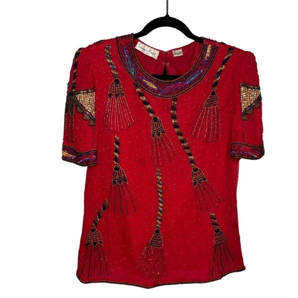 Vintage Laurence‎ Kazar 100% Silk Beaded Sequin Tassel Blouse Red Holiday Bling